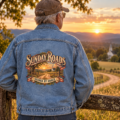 Senior man in blue vintage denim jacket, Sunday Roads Guided By Grace printed on back