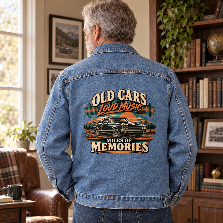 Senior wearing blue vintage denim jacket, back printed Old Cars Loud Music Miles Of Memories