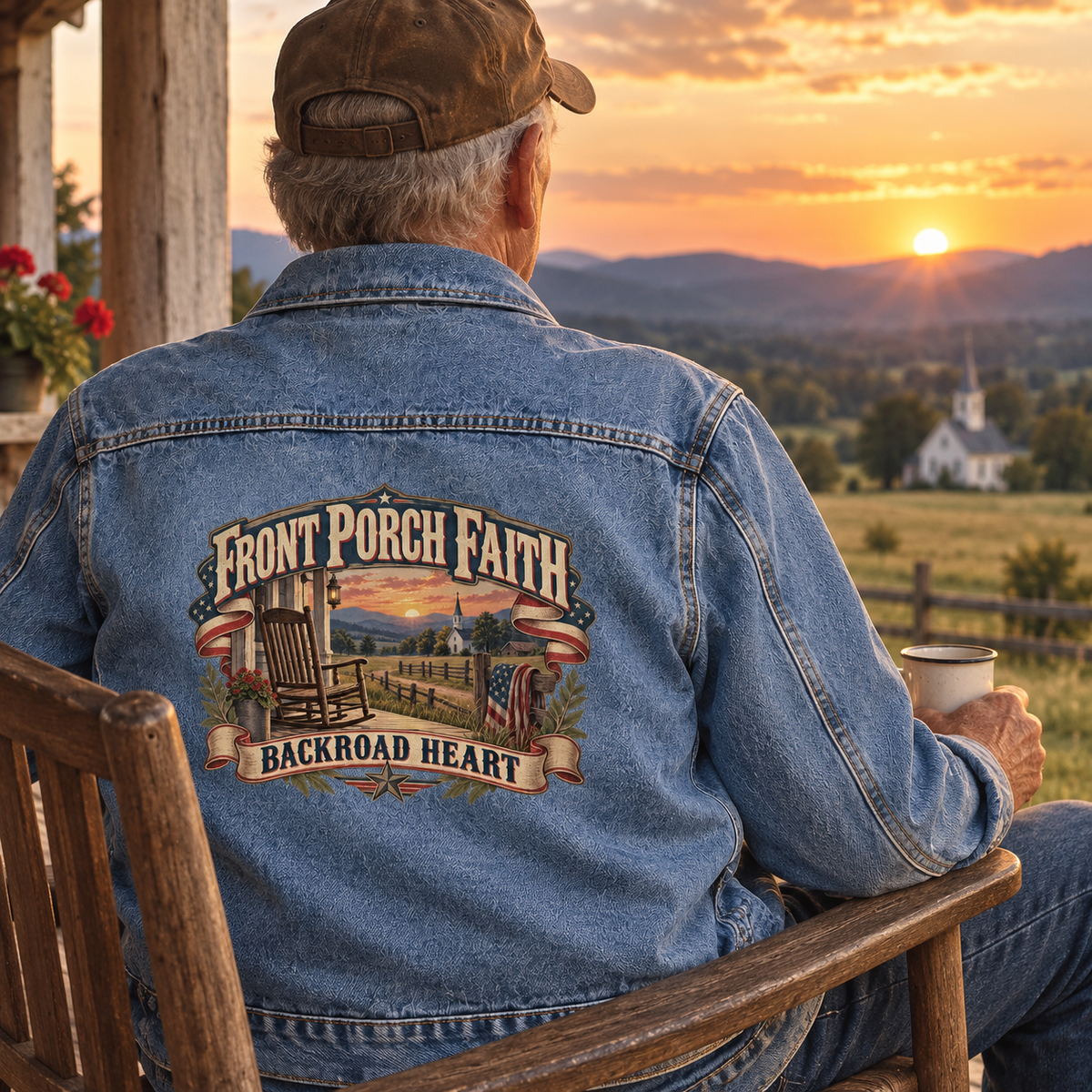 Senior man wears blue vintage denim jacket printed with Front Porch Faith, Backroad Heart