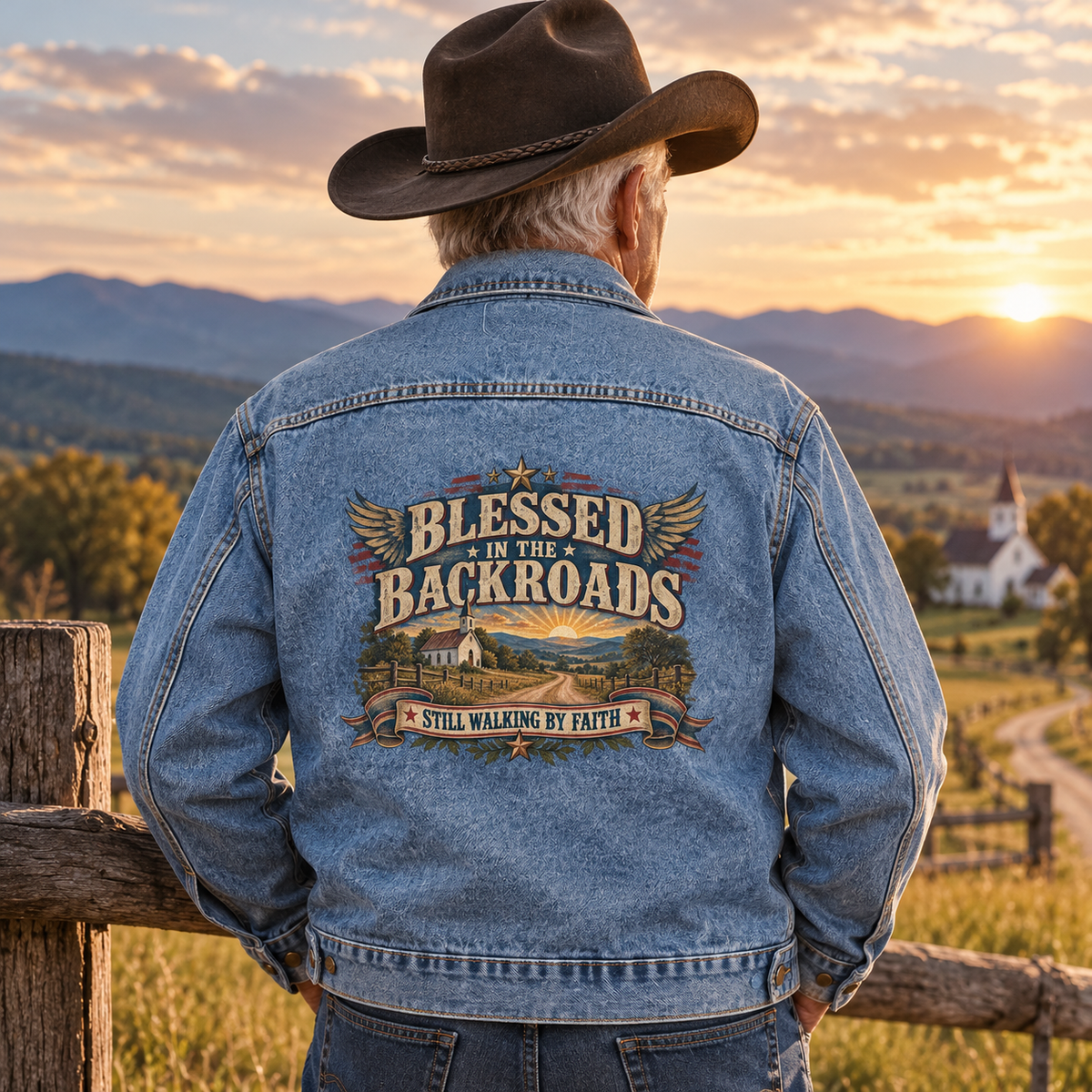 Senior man in cowboy hat wears blue vintage denim jacket with printed faith design, back view