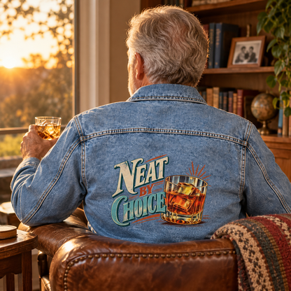 Senior man in blue vintage denim jacket, back view, printed Neat By Choice slogan.