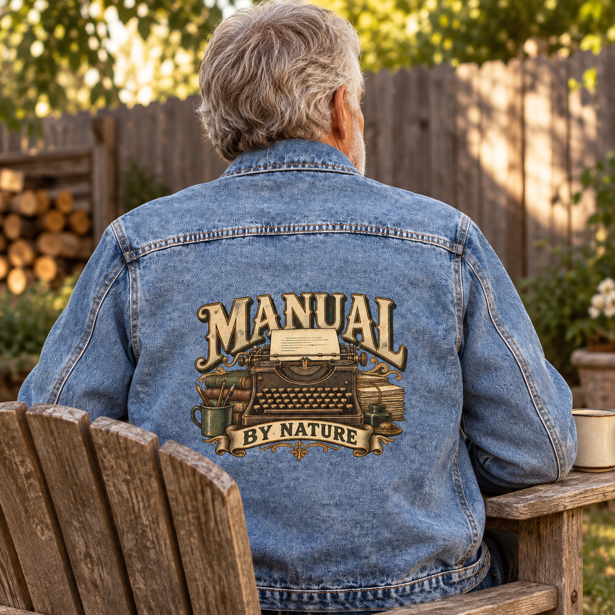 Senior man seated outdoors in blue vintage denim jacket with printed Manual By Nature design
