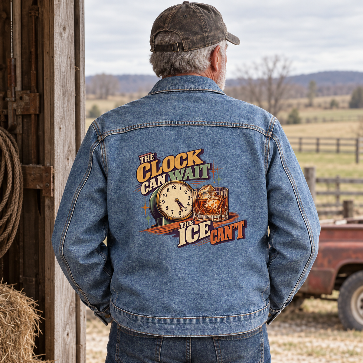 Senior man models blue vintage denim jacket printed The Clock Can Wait The Ice Can’t
