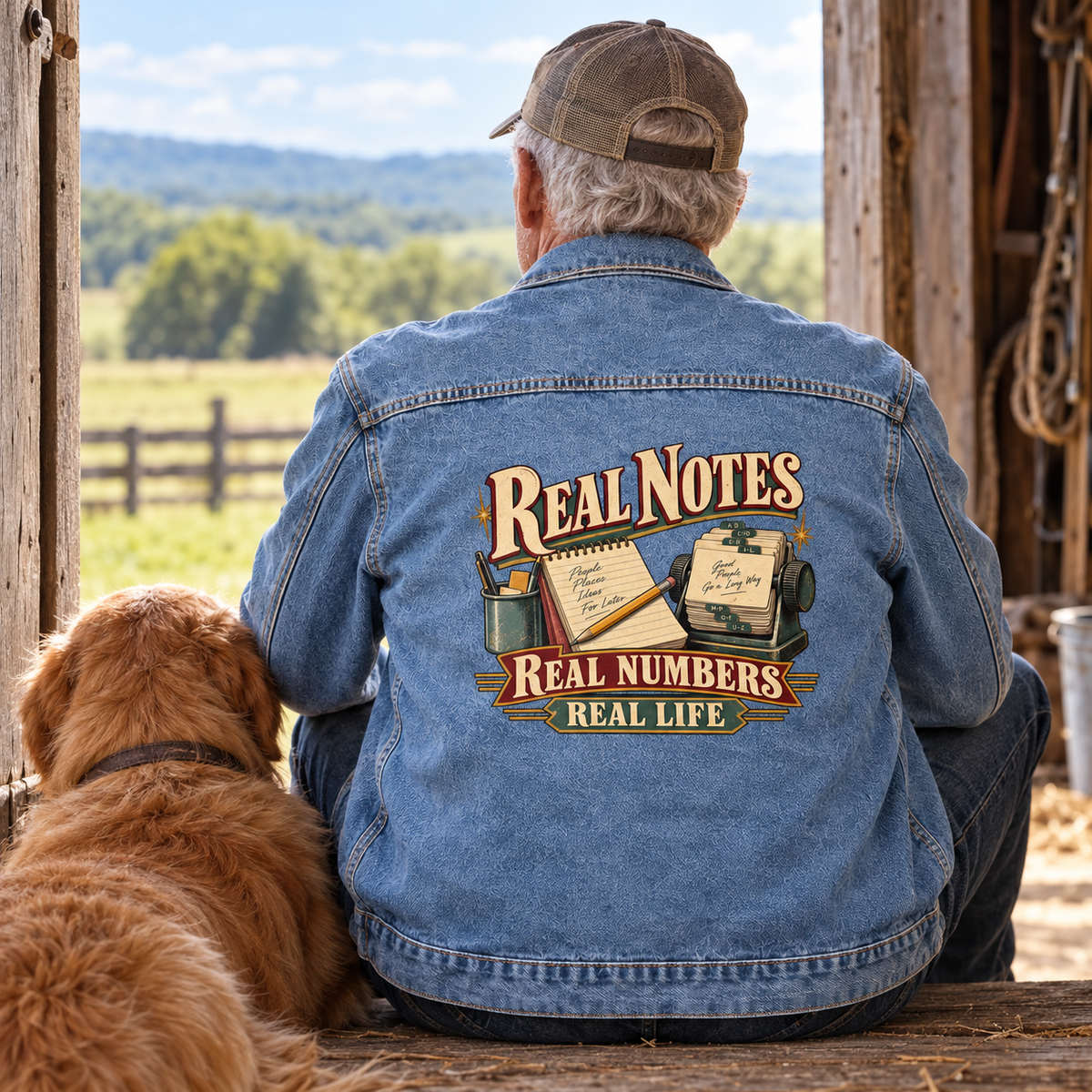 Senior wearing blue vintage denim jacket with back print reading Real Notes. Real Numbers. Real Life.