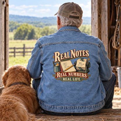 Senior wearing blue vintage denim jacket with back print reading Real Notes. Real Numbers. Real Life.