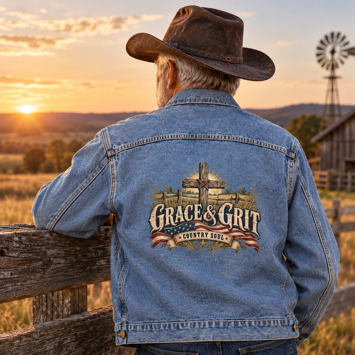 Senior man wears blue vintage denim jacket, Grace & Grit Country Soul printed on back