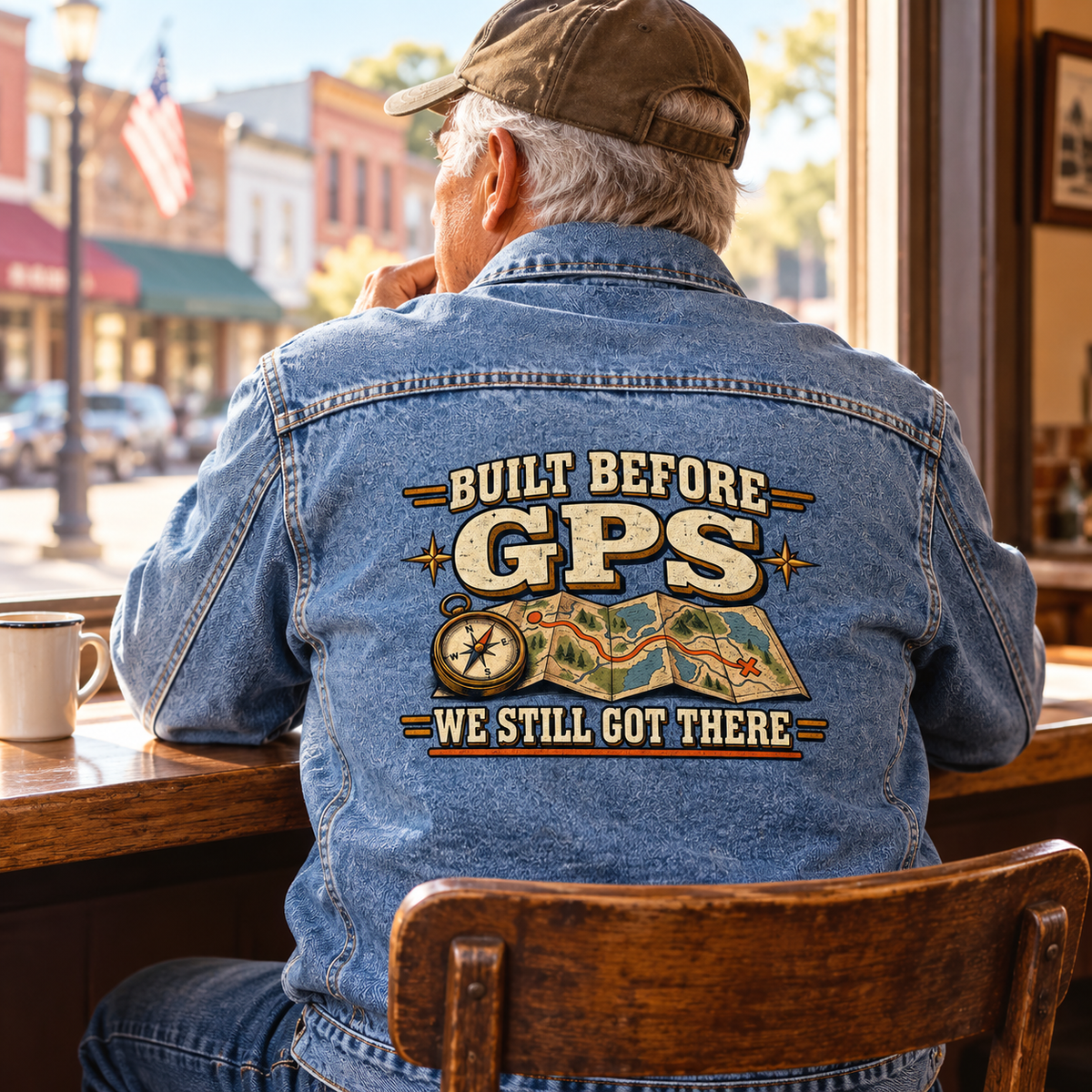 Senior man seated at cafe wearing blue vintage denim jacket with printed GPS slogan