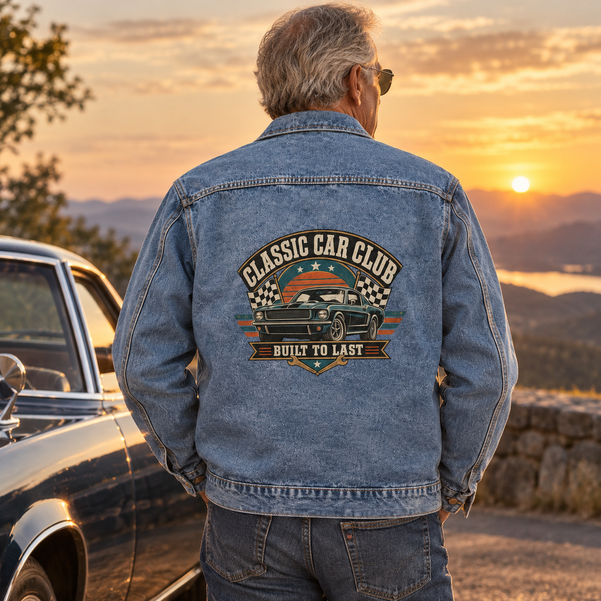Senior man in blue vintage denim jacket with printed Classic Car Club design at sunset
