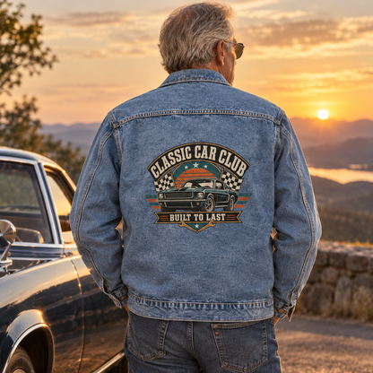 Senior man in blue vintage denim jacket with printed Classic Car Club design at sunset