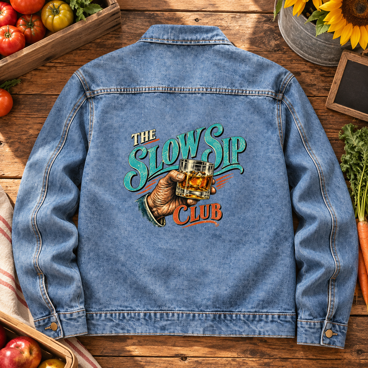 Blue vintage denim jacket, back view, with printed The Slow Sip Club design.
