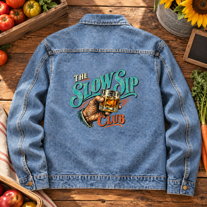 Blue vintage denim jacket, back view, with printed The Slow Sip Club design.