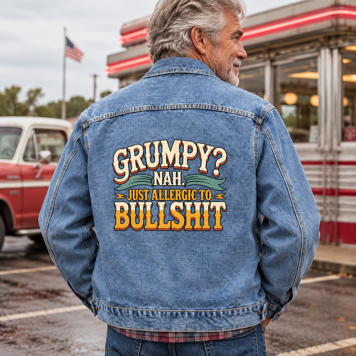 Senior man’s blue vintage denim jacket, back view, printed Grumpy? Nah. Just Allergic To Bullshit