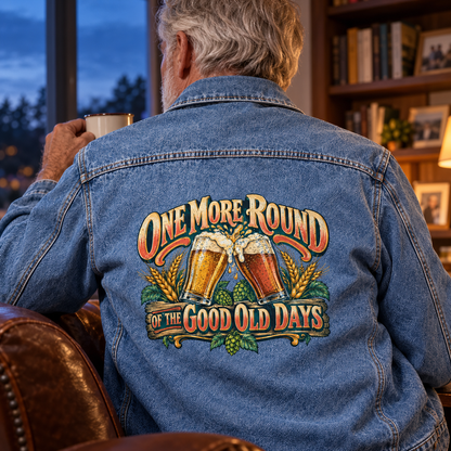 Senior man in blue vintage denim jacket with printed beer glasses and slogan