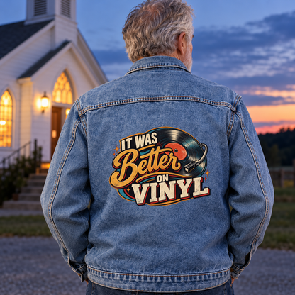 Senior man in blue vintage denim jacket, back view, printed It Was Better On Vinyl
