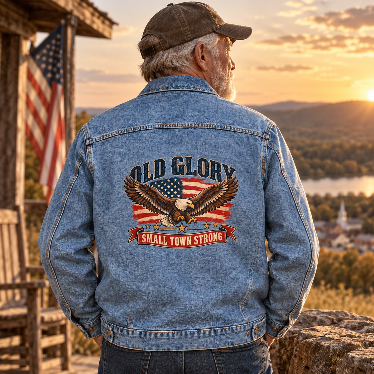 Senior man wears blue vintage denim jacket printed with eagle and Small Town Strong