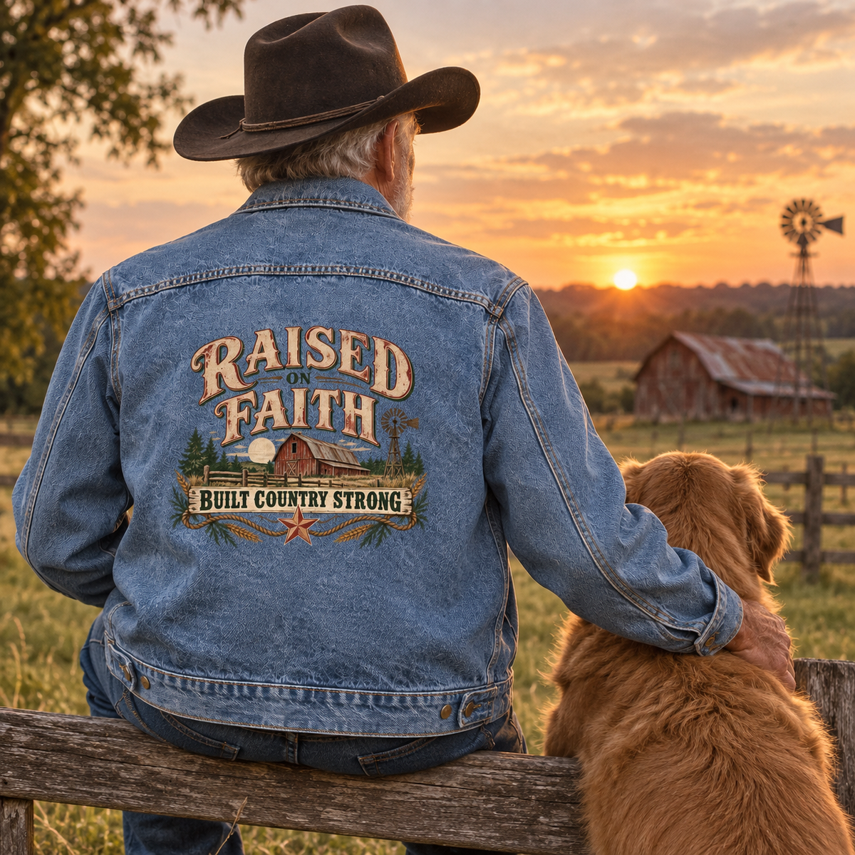 Senior man's blue vintage denim jacket, back view, printed Raised On Faith, Built Country Strong