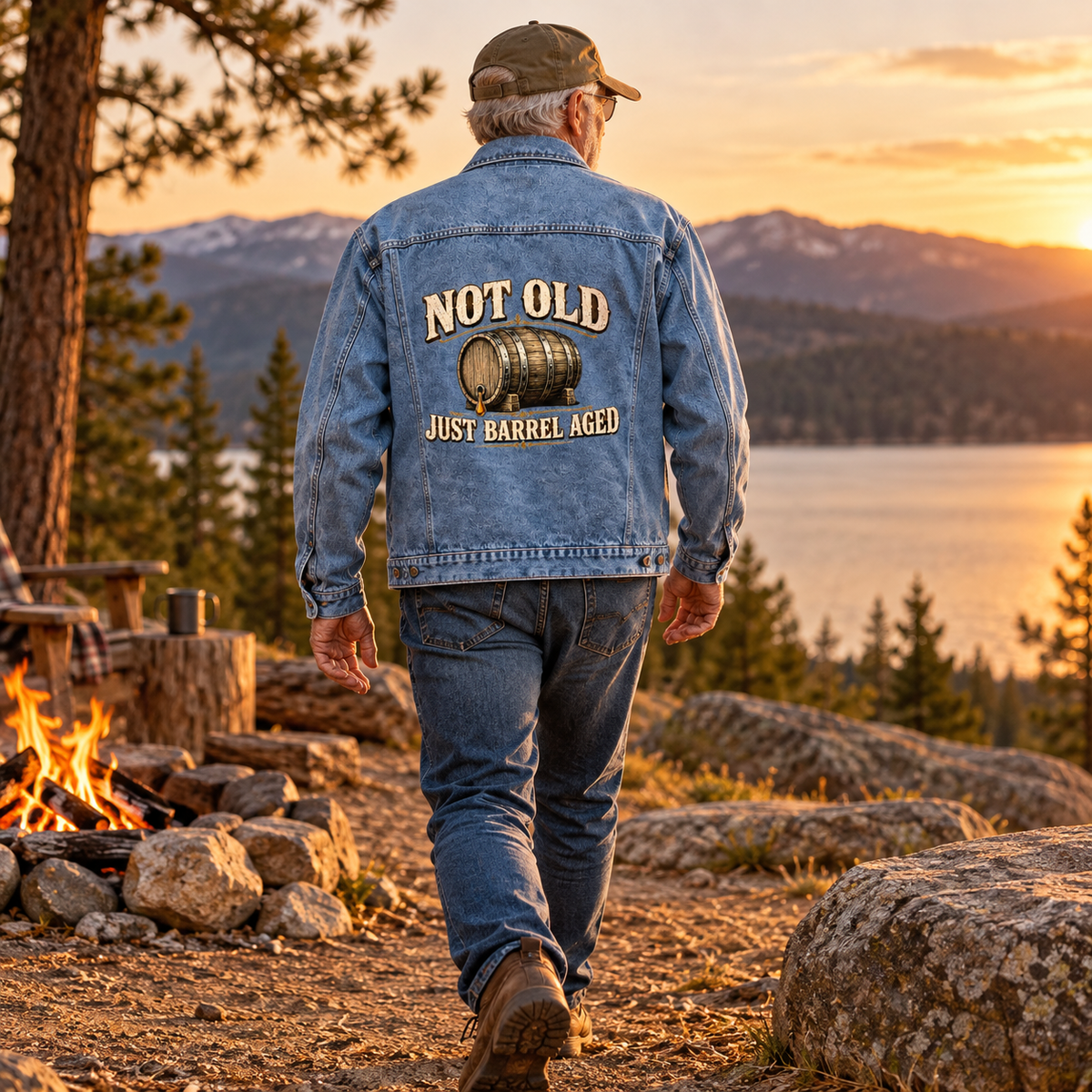 Senior man wears blue vintage denim jacket with printed Not Old. Just Barrel Aged slogan.