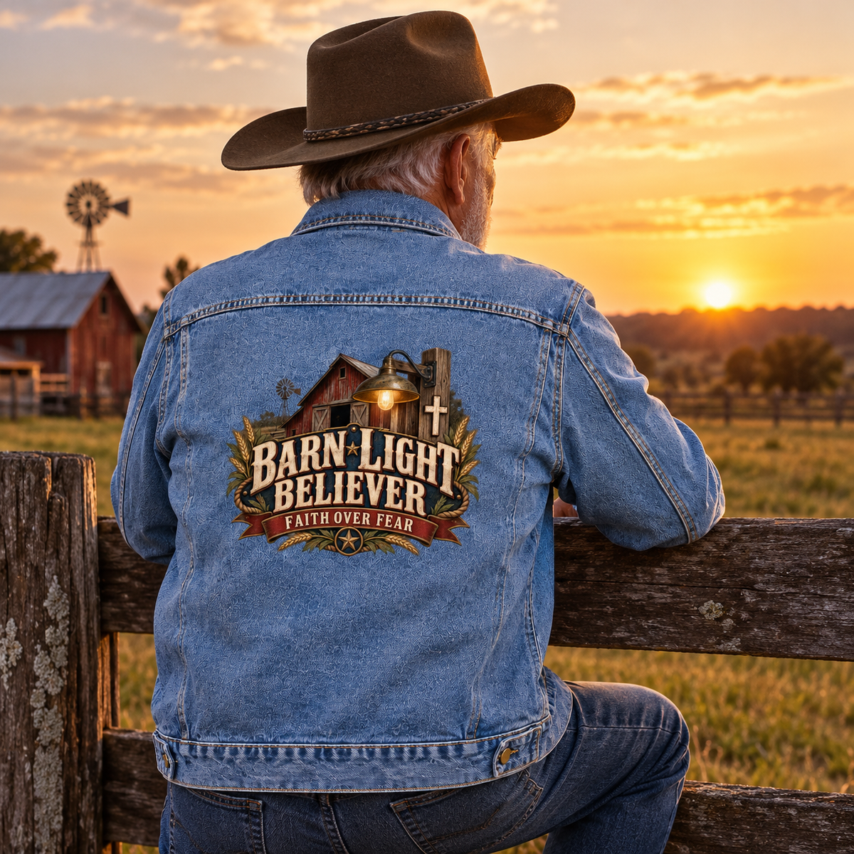 Senior man wears blue vintage denim jacket with printed Barn Light Believer, Faith Over Fear