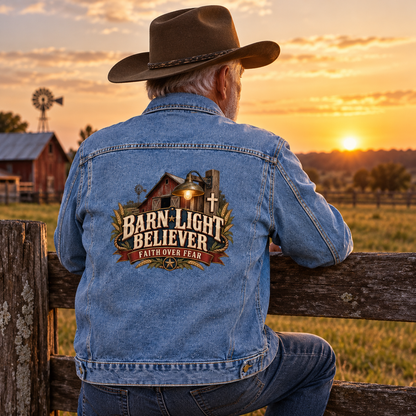 Senior man wears blue vintage denim jacket with printed Barn Light Believer, Faith Over Fear