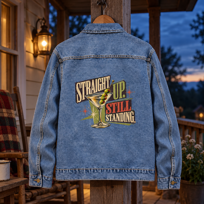 Blue vintage denim jacket, back view, with printed martini and Straight Up. Still Standing design