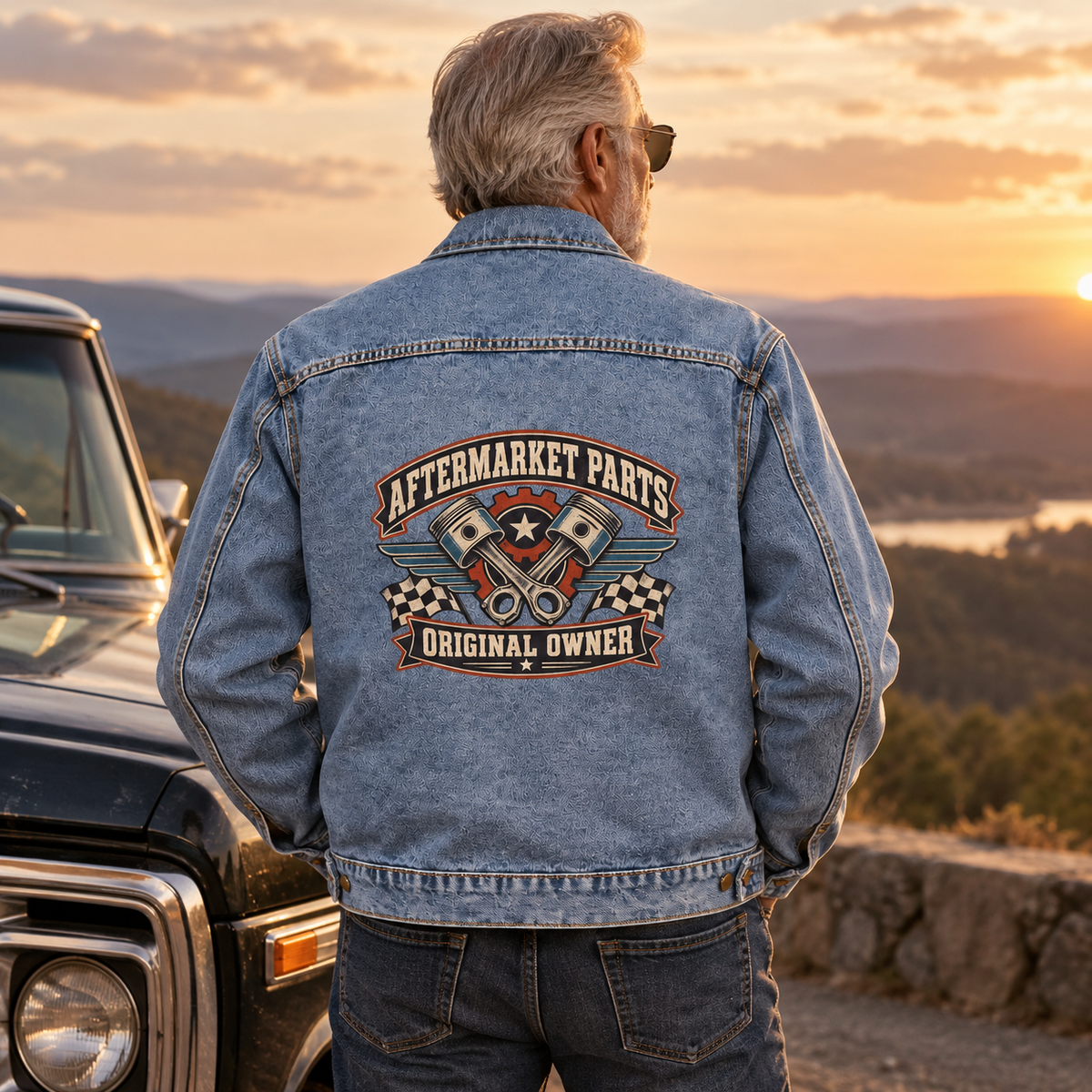 Senior man wears blue vintage denim jacket, back view showing printed Aftermarket Parts Original Owner.
