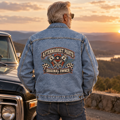 Senior man wears blue vintage denim jacket, back view showing printed Aftermarket Parts Original Owner.