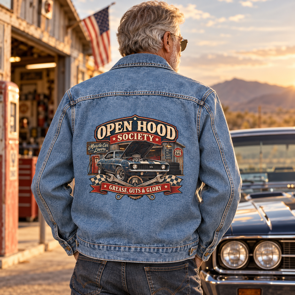 Senior man wears blue vintage denim jacket with printed Open Hood Society design, rear view.