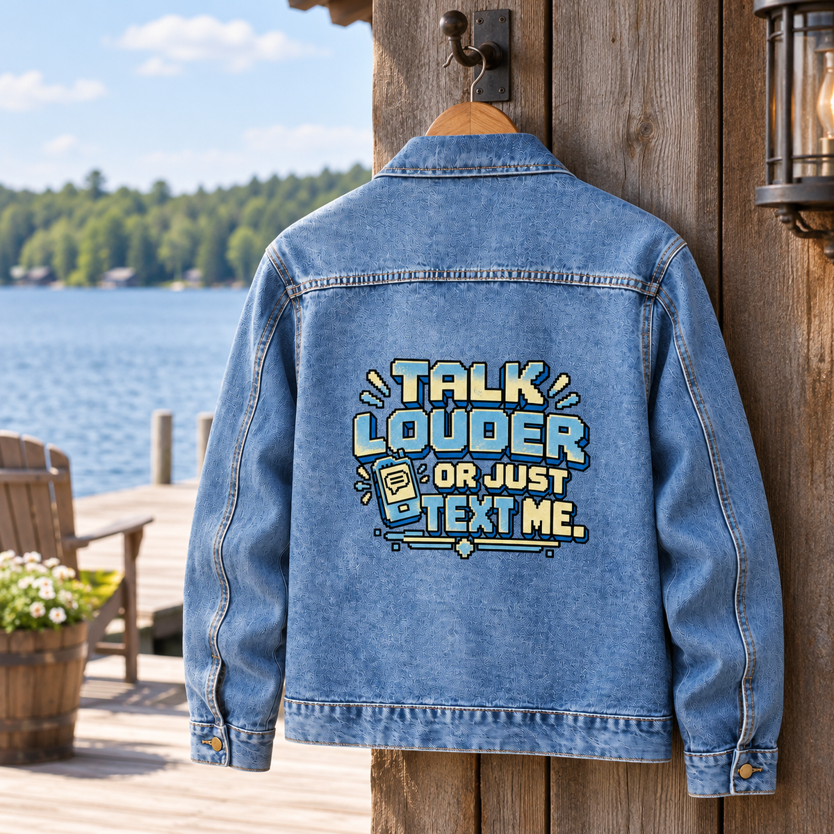Blue vintage denim jacket hanging lakeside, back view, printed Talk Louder Or Just Text Me.