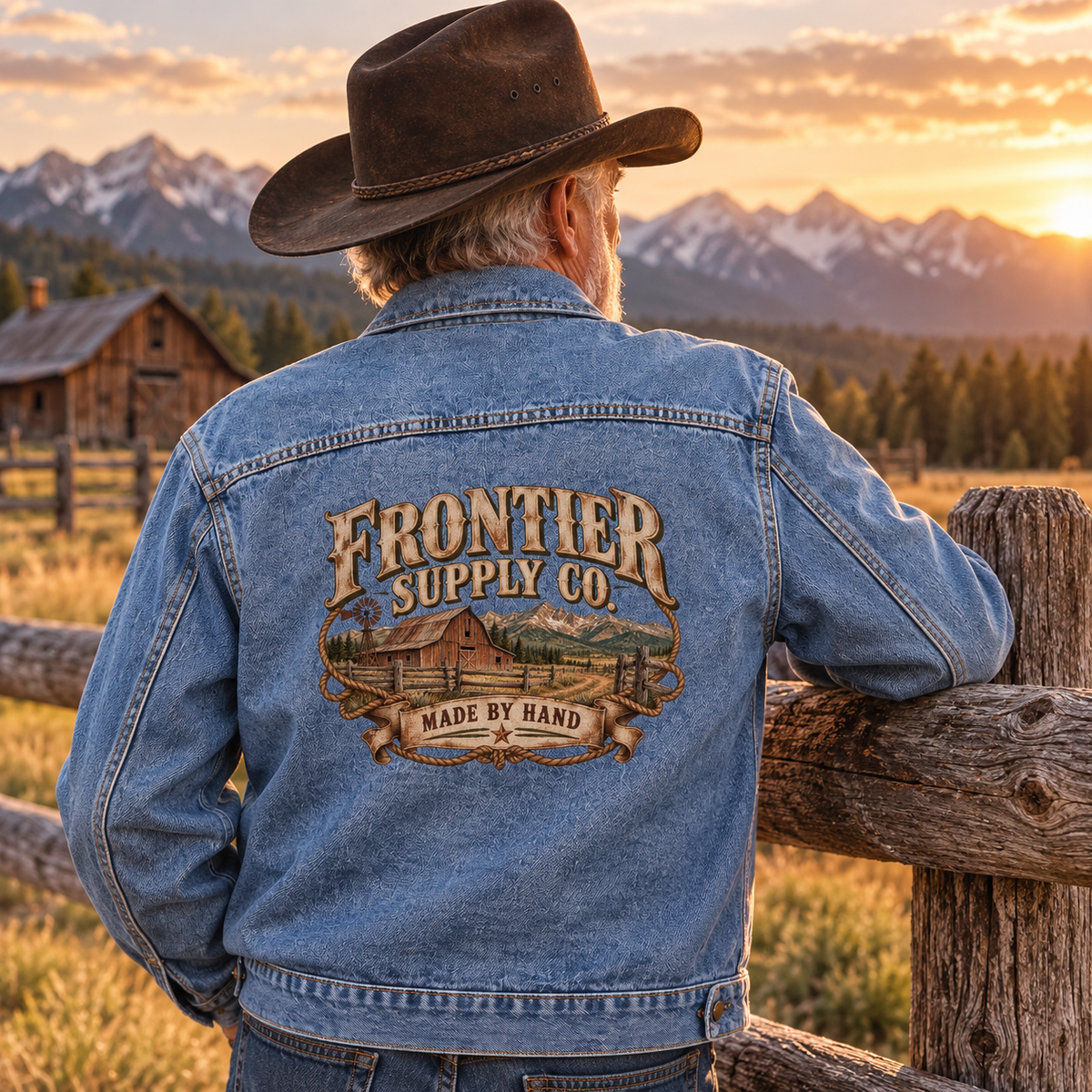 Senior man in blue vintage denim jacket with printed Frontier Supply Co. Made By Hand design