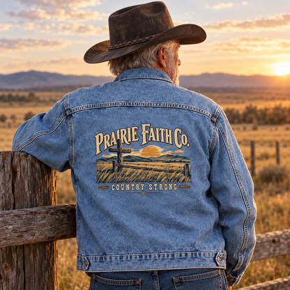 Senior man wearing blue vintage denim jacket with printed Prairie Faith Co. Country Strong design