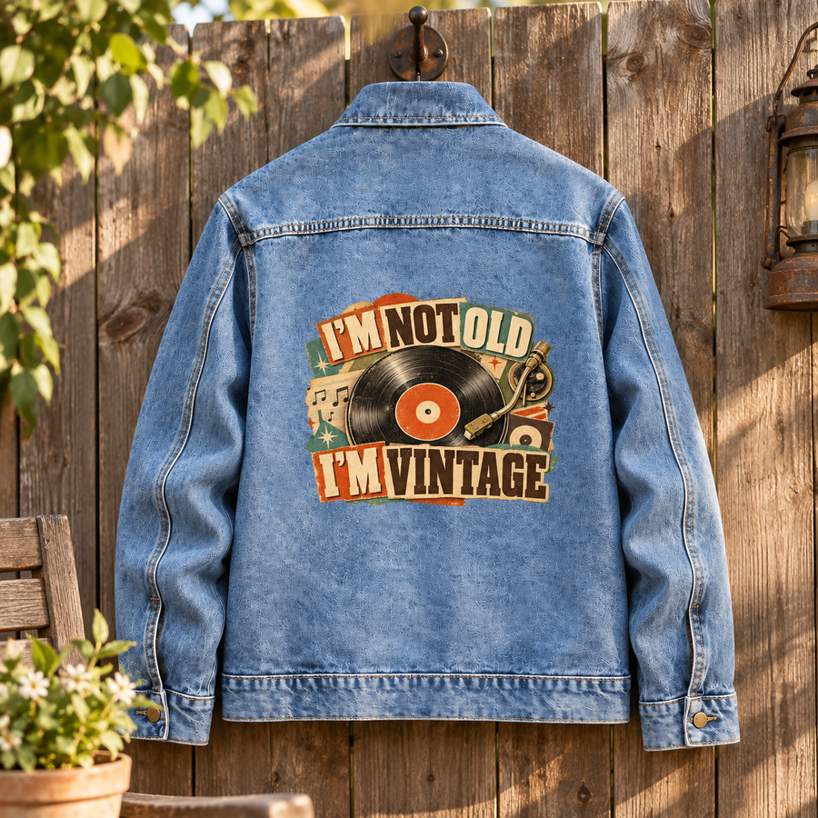 Blue vintage denim jacket, back view, printed record and I'm Not Old. I'm Vintage slogan