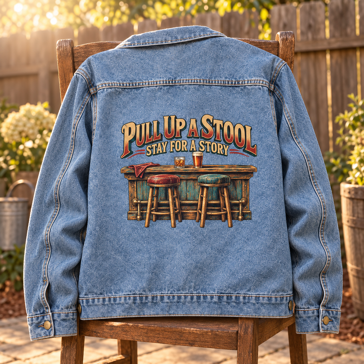 Blue vintage denim jacket on chair, back print features bar stools and slogan.