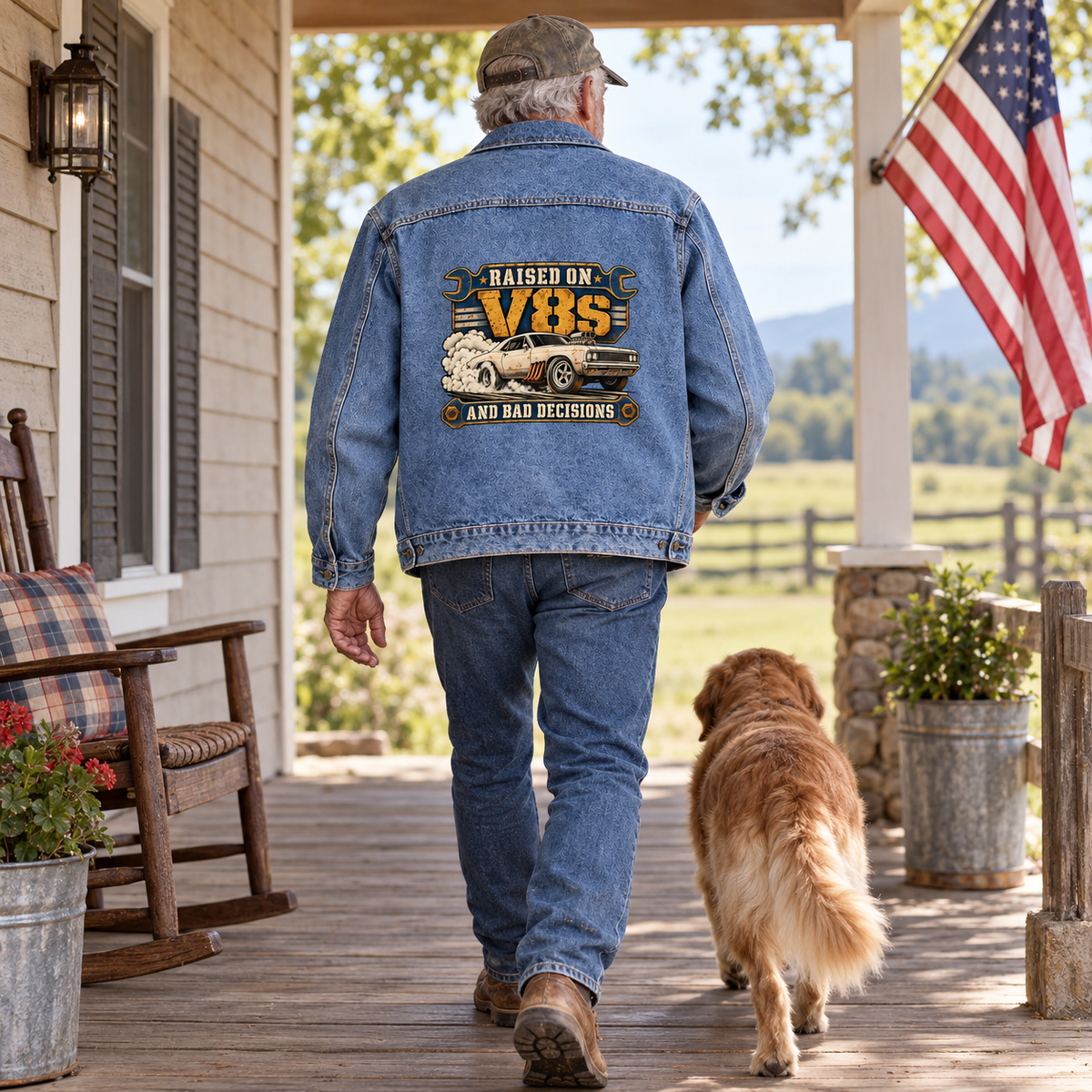 Senior man wears blue vintage denim jacket printed Raised On V8s And Bad Decisions.