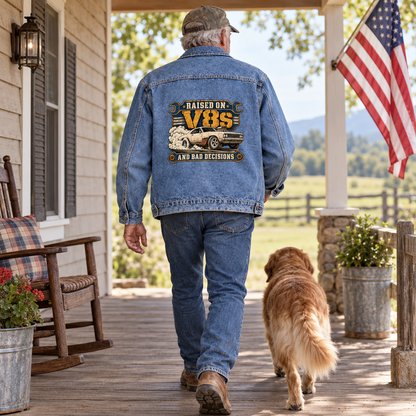 Senior man wears blue vintage denim jacket printed Raised On V8s And Bad Decisions.