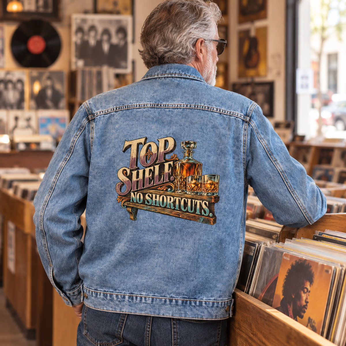 Senior man browsing records in blue vintage denim jacket printed Top Shelf. No Shortcuts