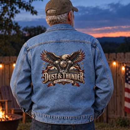 Senior man wearing blue vintage denim jacket with printed Dust & Thunder motorcycle design.