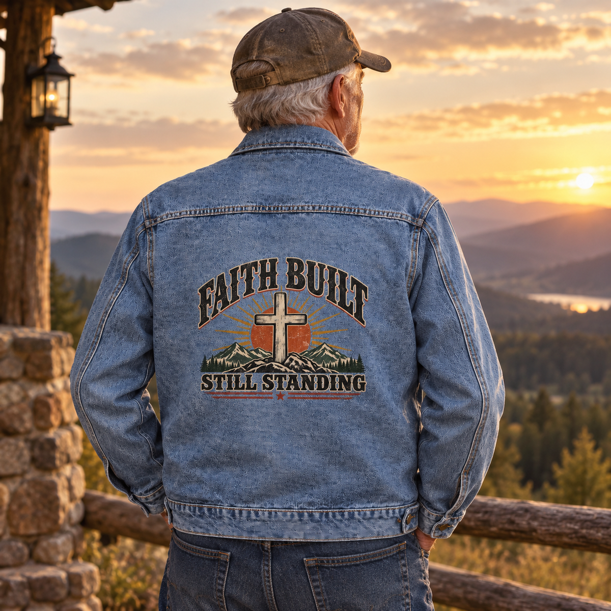 Senior man in blue vintage denim jacket, Faith Built Still Standing printed on back.