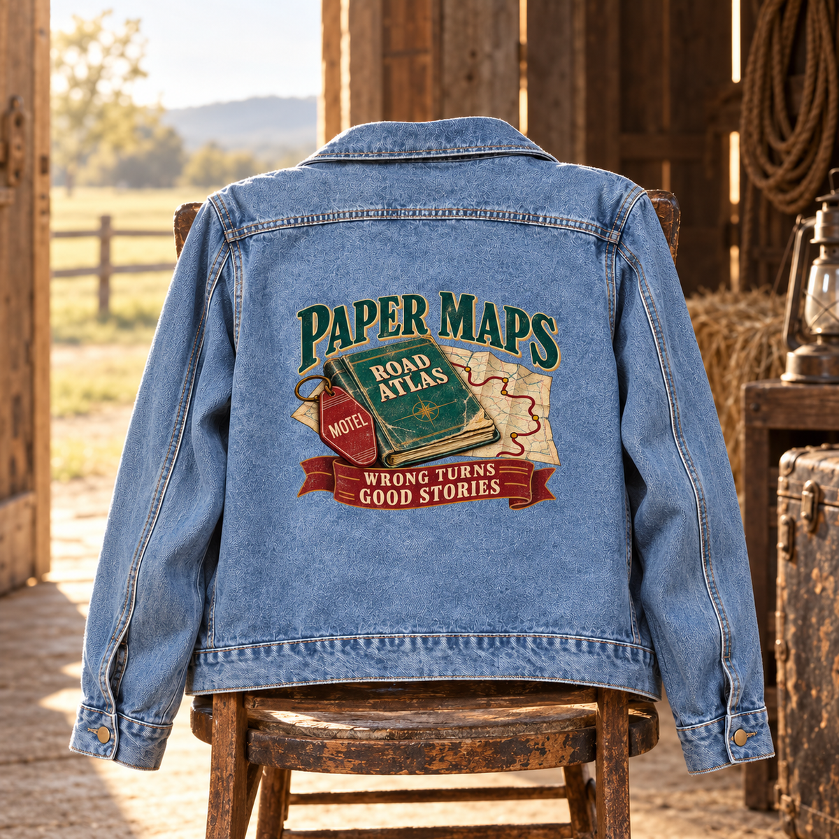 Blue vintage denim jacket on a chair, back view showing printed road atlas design