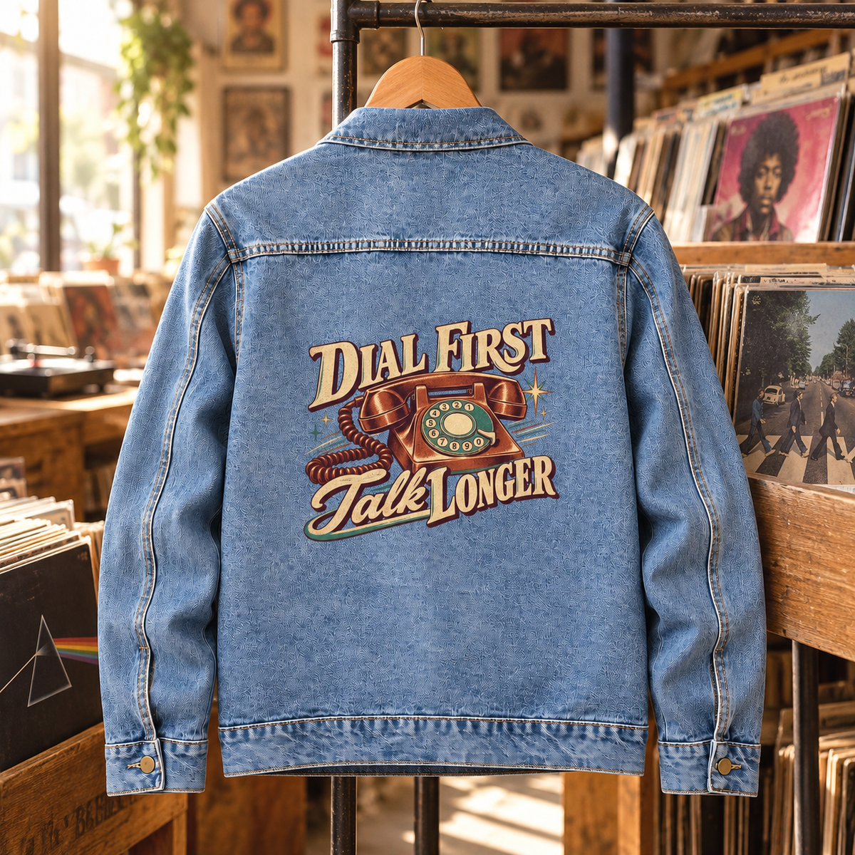 Blue vintage denim jacket, back view, with printed rotary phone and Dial First. Talk Longer slogan