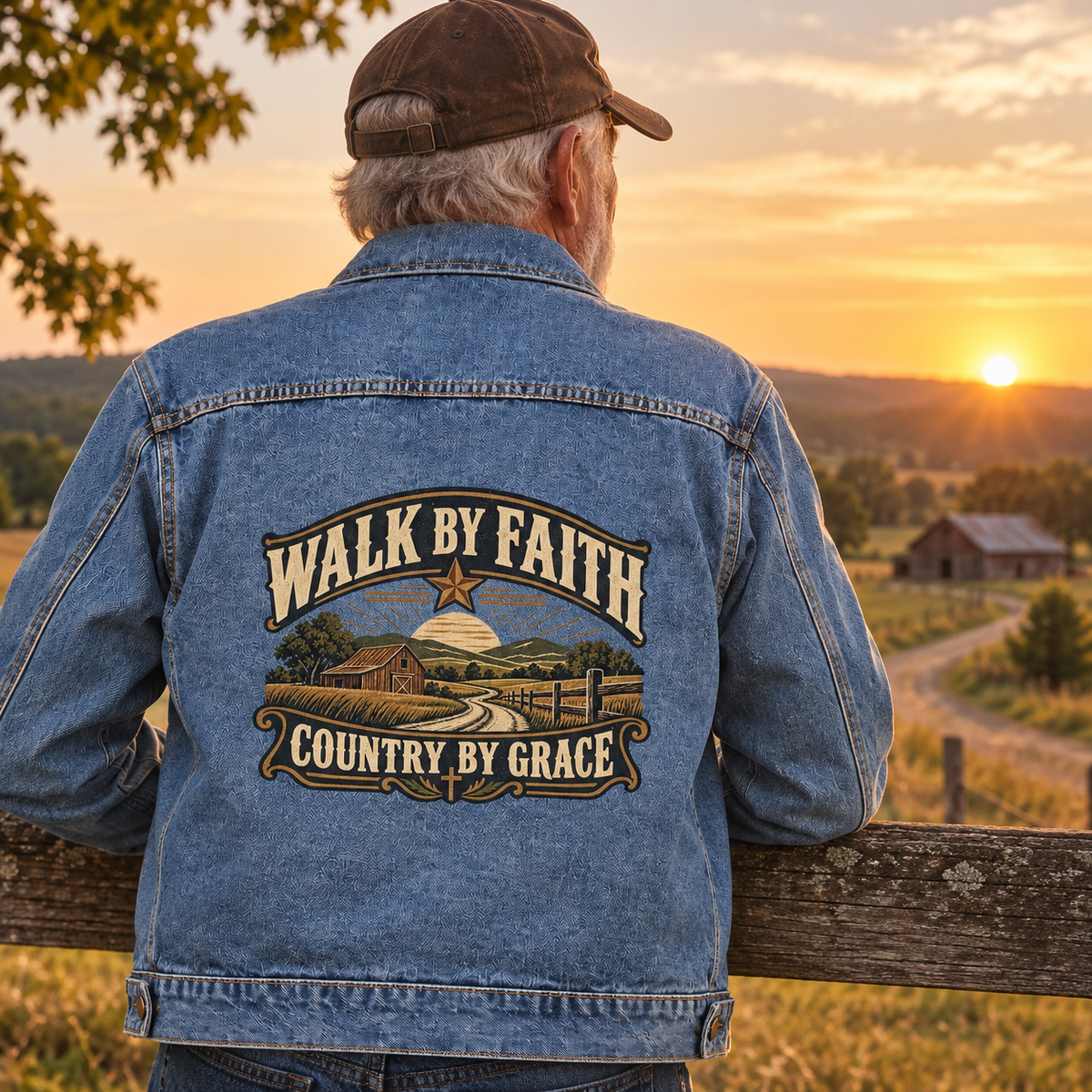 Senior in blue vintage denim jacket, Walk By Faith, Country By Grace printed on back