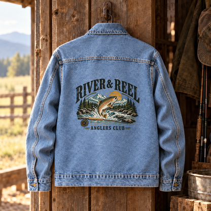 Blue vintage denim jacket back with printed River & Reel Anglers Club fishing design.