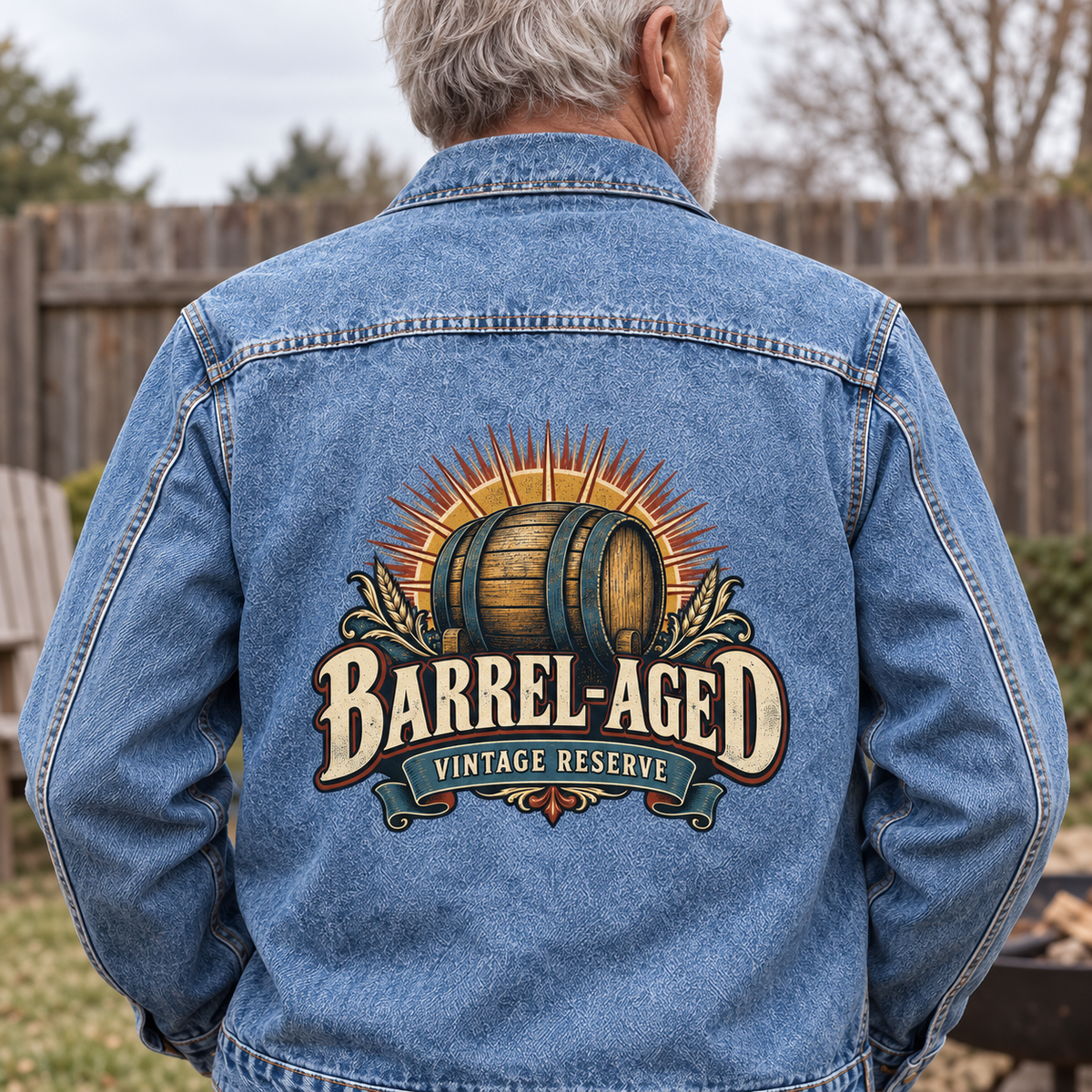 Senior man wearing blue vintage denim jacket with printed Barrel-Aged Vintage Reserve barrel design.