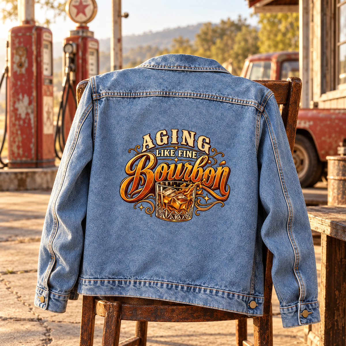 Back view of blue vintage denim jacket with printed Aging Like Fine Bourbon and whiskey glass