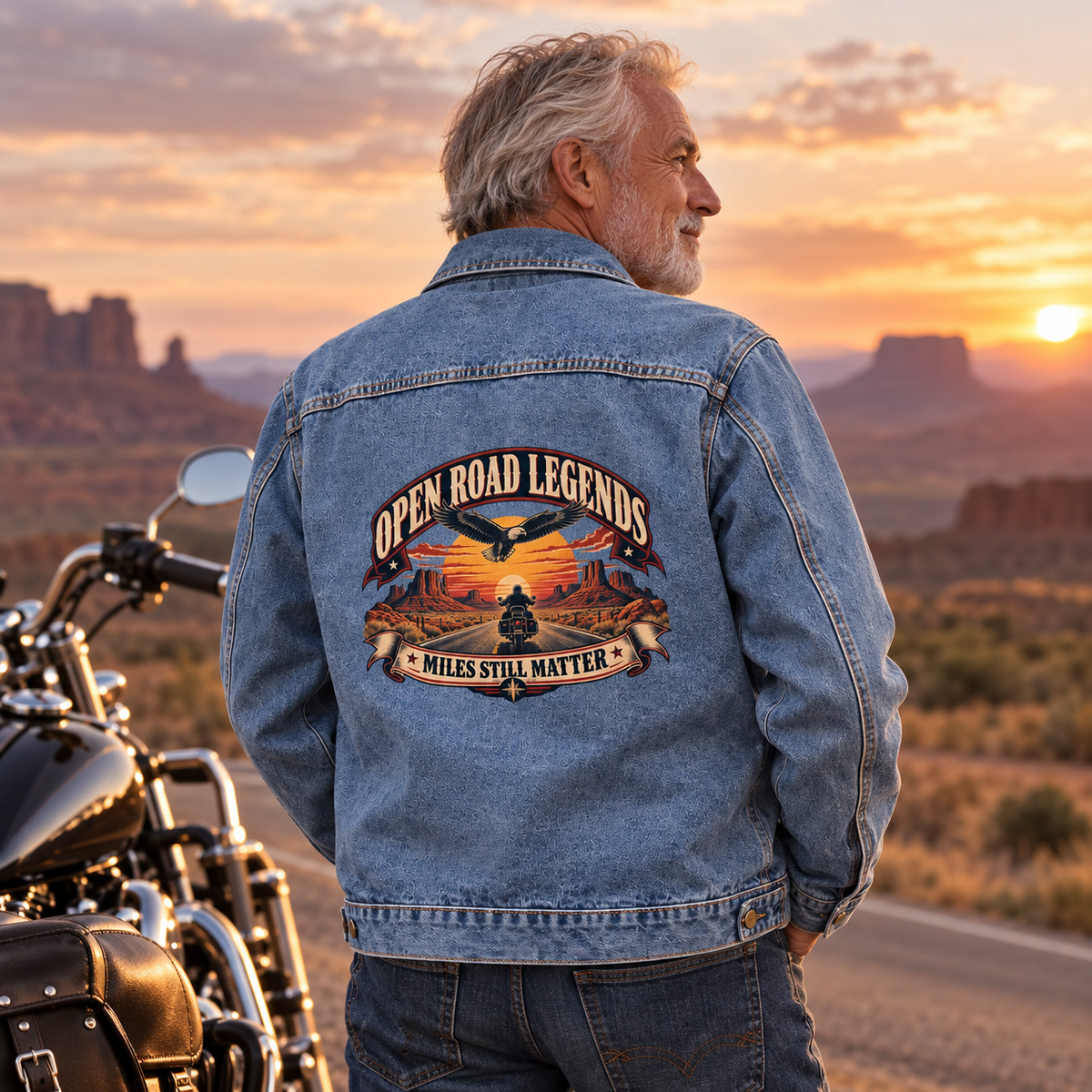 Senior man wears blue vintage denim jacket printed with Open Road Legends beside motorcycle at sunset