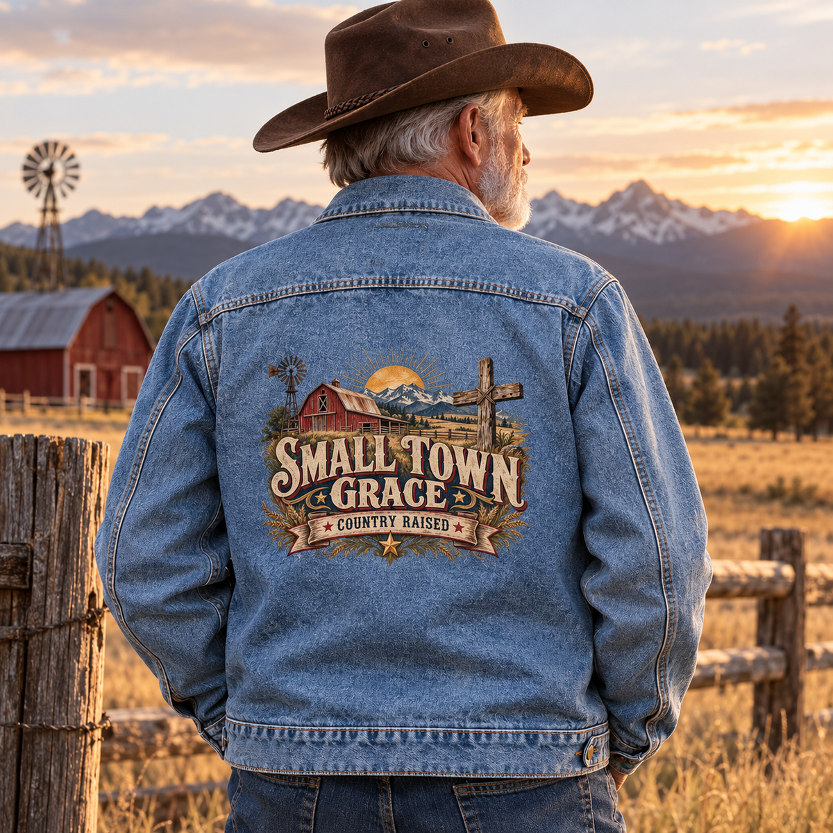 Senior man in blue vintage denim jacket, printed Small Town Grace Country Raised, rear view.
