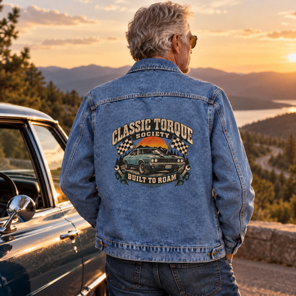 Senior man wears blue vintage denim jacket with printed Classic Torque Society Built To Roam design.