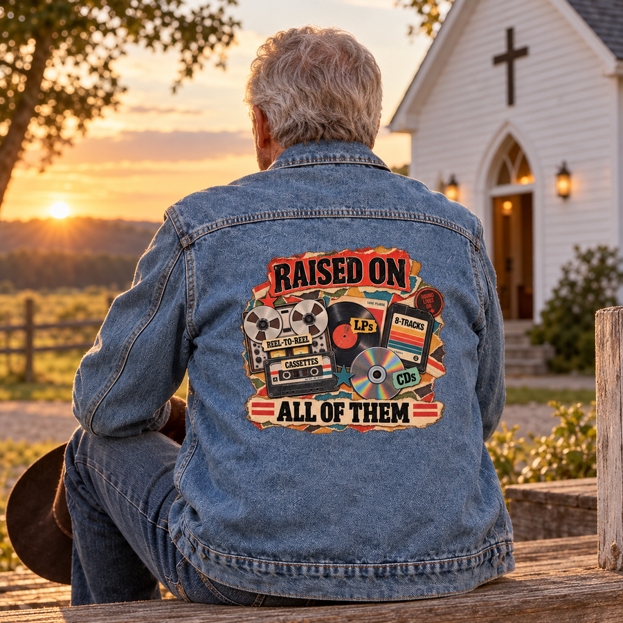 Senior man’s blue vintage denim jacket with Raised On All Of Them printed on back