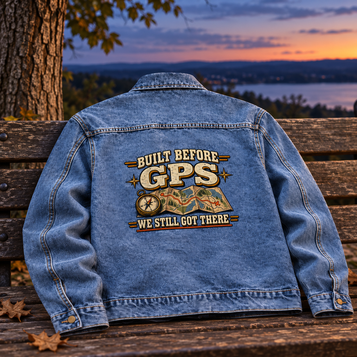 Blue vintage denim jacket on bench, printed Built Before GPS. We Still Got There.