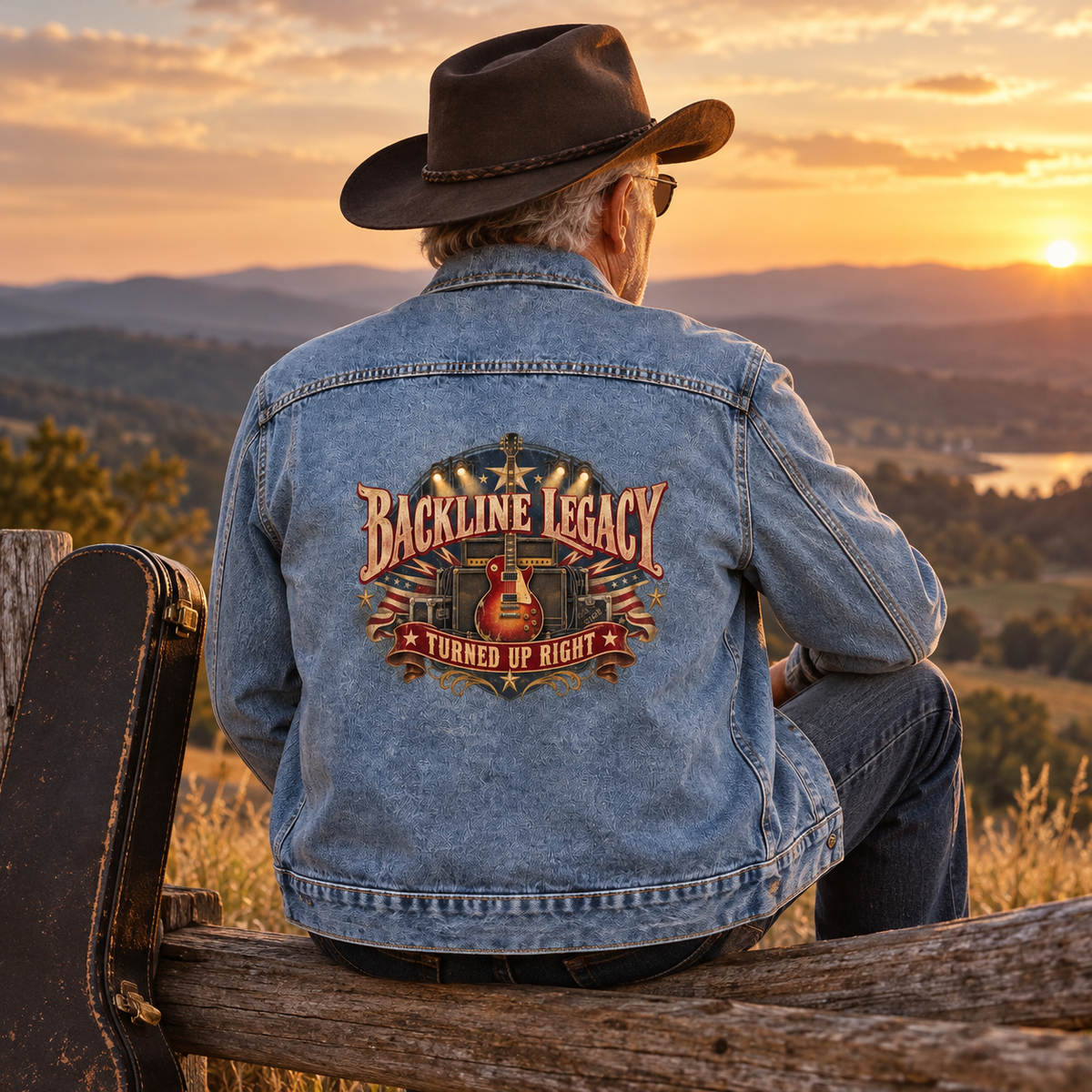 Senior man’s blue vintage denim jacket, back view, printed Backline Legacy Turned Up Right