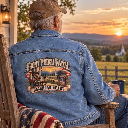 Senior man in blue vintage denim jacket, Front Porch Faith Backroad Heart printed on back